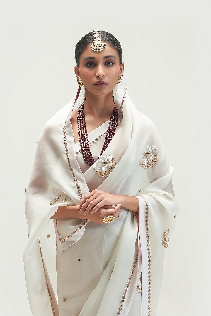 White Embroidered Wedding Saree Set by Kshitij Jalori at Pernia's Pop Up Shop