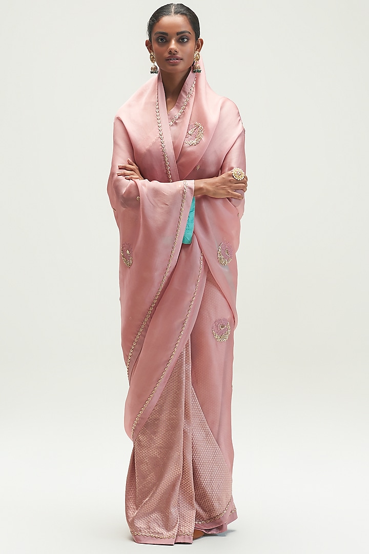 Pale Pink Embroidered Saree Set by Kshitij Jalori