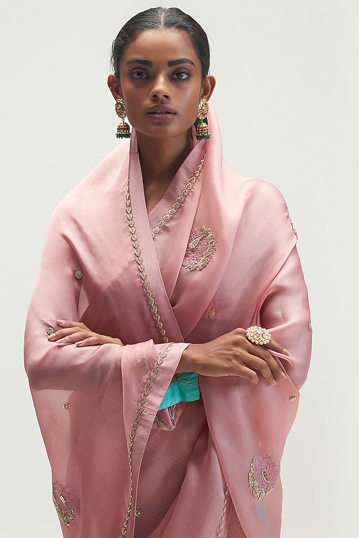 Pale Pink Embroidered Wedding Saree Set by Kshitij Jalori at Pernia's Pop Up Shop