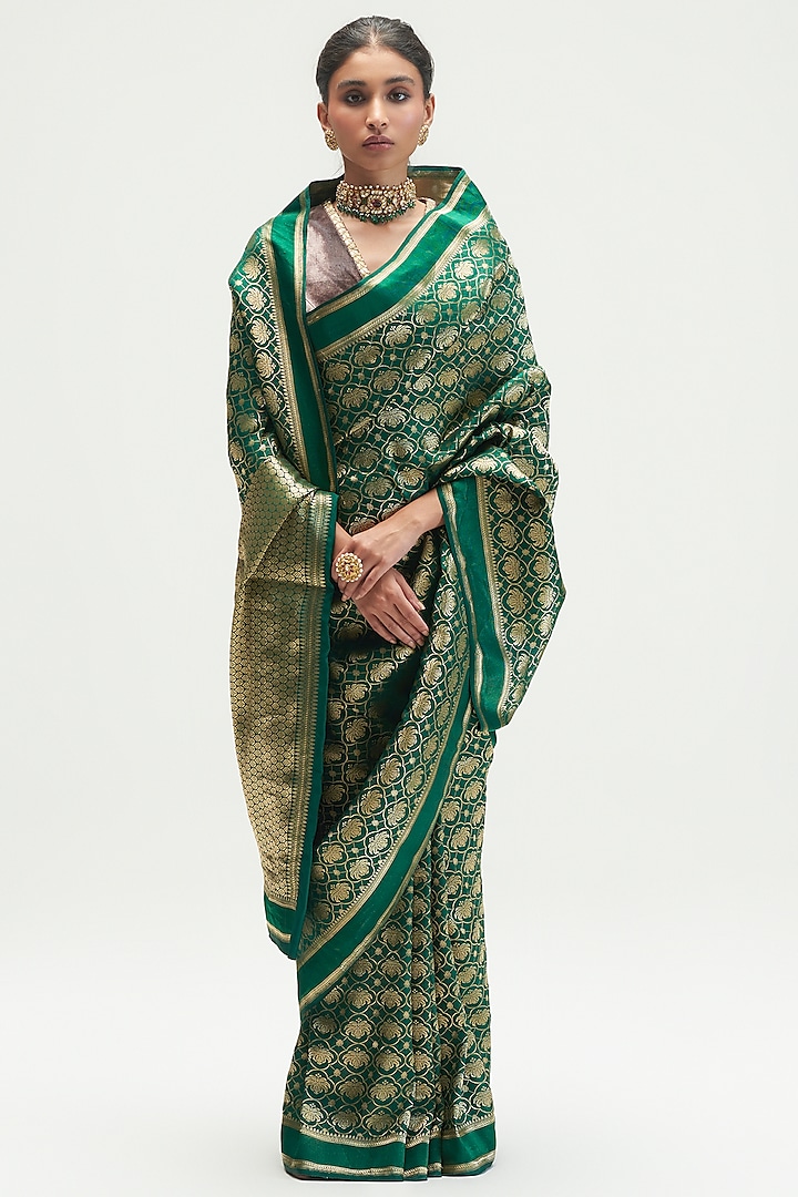 Emerald Brocade Saree Set by Kshitij Jalori
