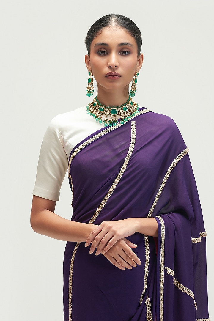 Aubergine Embroidered Reception Saree Set by Kshitij Jalori at Pernia's Pop Up Shop