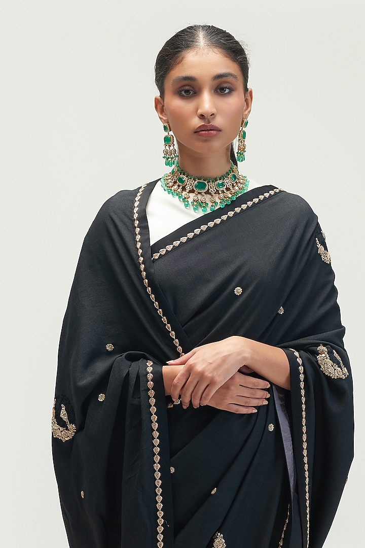 Charcoal Embroidered Reception Saree Set by Kshitij Jalori at Pernia's Pop Up Shop
