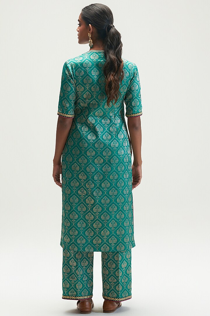 Teal Sapphire Silk Brocade Kurta Set by Kshitij Jalori at Pernia's Pop Up Shop