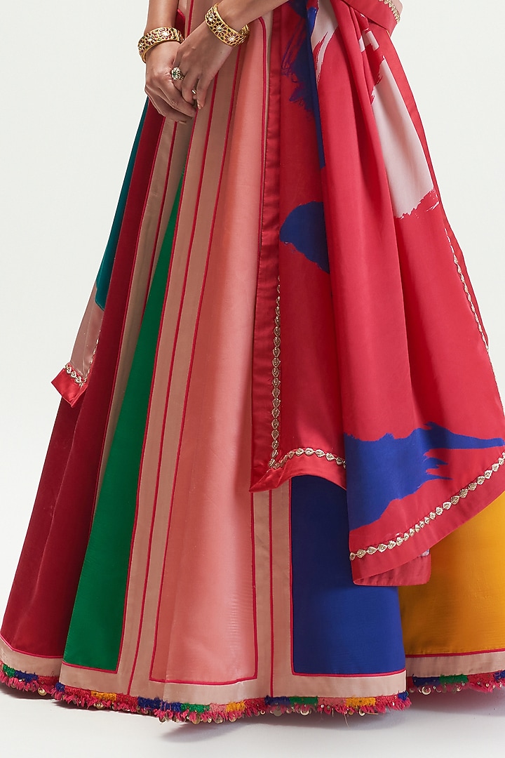 Multi-Coloured Silk Satin Crepe Bridal Lehenga Set by Kshitij Jalori at Pernia's Pop Up Shop