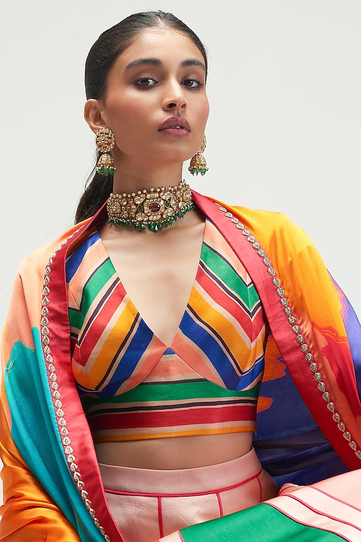 Multi-Coloured Silk Satin Crepe Bridal Lehenga Set by Kshitij Jalori at Pernia's Pop Up Shop