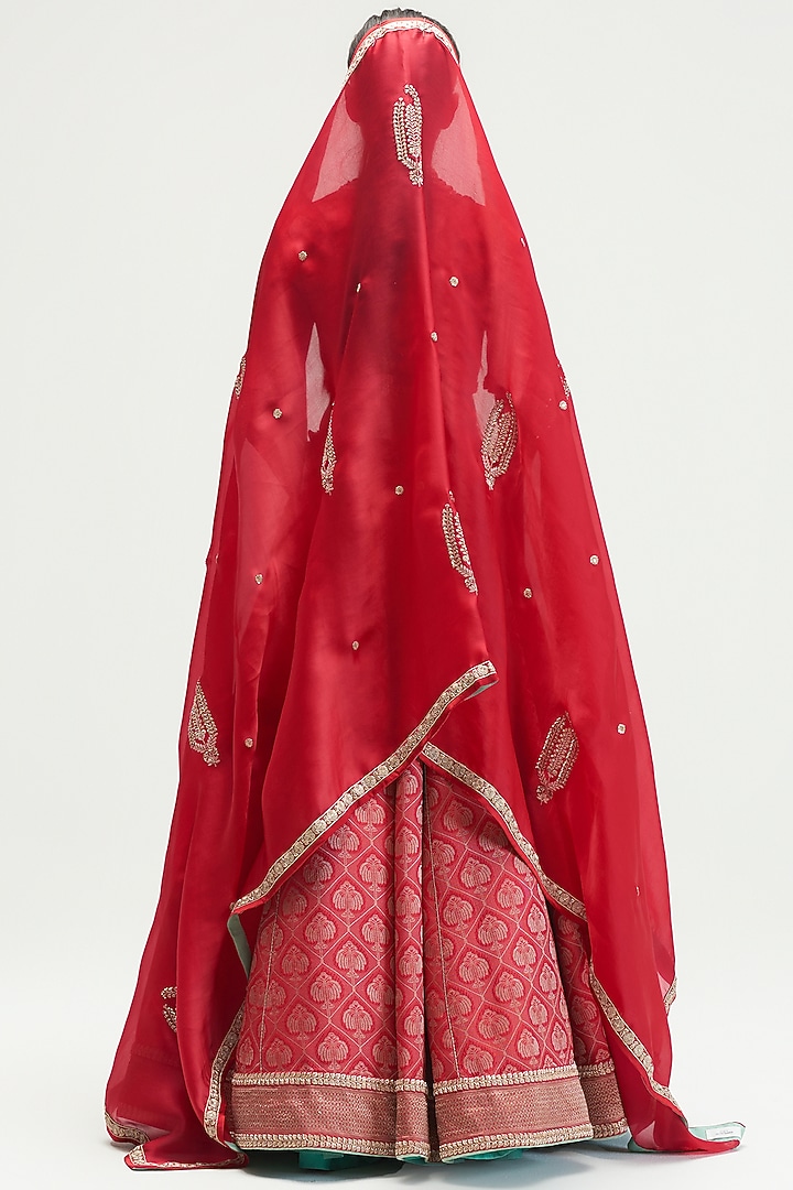 Garnet Printed & Embroidered Bridal Lehenga Set by Kshitij Jalori at Pernia's Pop Up Shop
