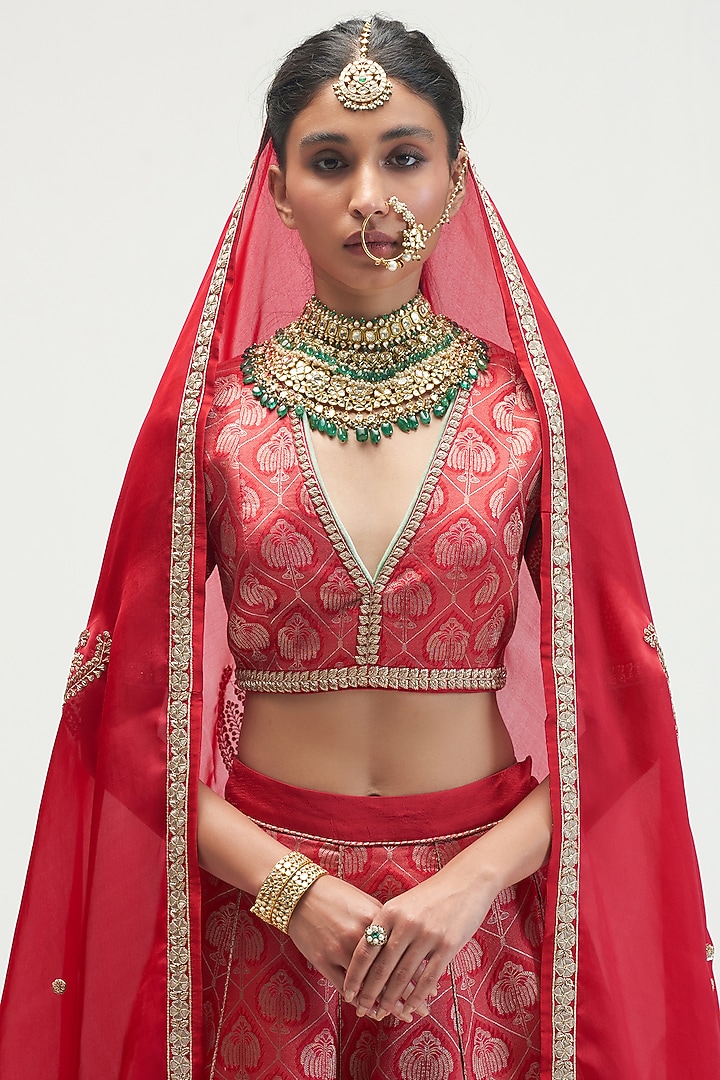 Garnet Printed & Embroidered Bridal Lehenga Set by Kshitij Jalori at Pernia's Pop Up Shop