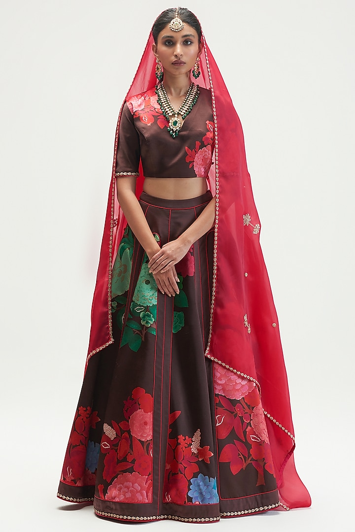 Mud Brown Silk Satin Crepe Printed Bridal Lehenga Set by Kshitij Jalori at Pernia's Pop Up Shop