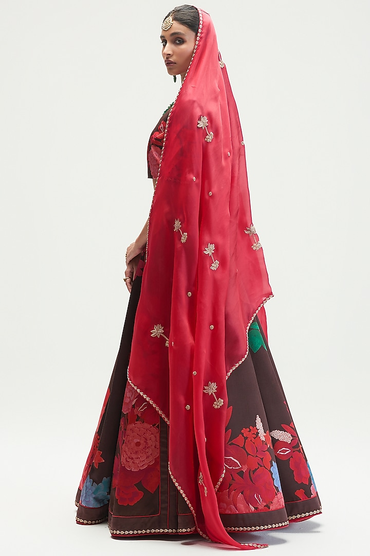 Mud Brown Silk Satin Crepe Printed Bridal Lehenga Set by Kshitij Jalori at Pernia's Pop Up Shop