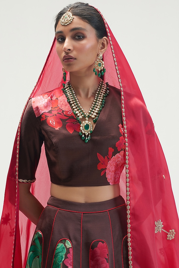 Mud Brown Silk Satin Crepe Printed Bridal Lehenga Set by Kshitij Jalori at Pernia's Pop Up Shop