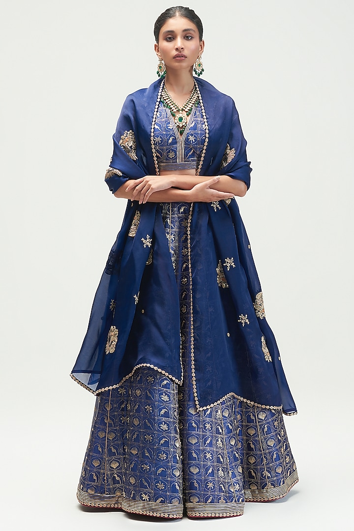 Sapphire Printed & Embroidered Bridal Lehenga Set by Kshitij Jalori at Pernia's Pop Up Shop