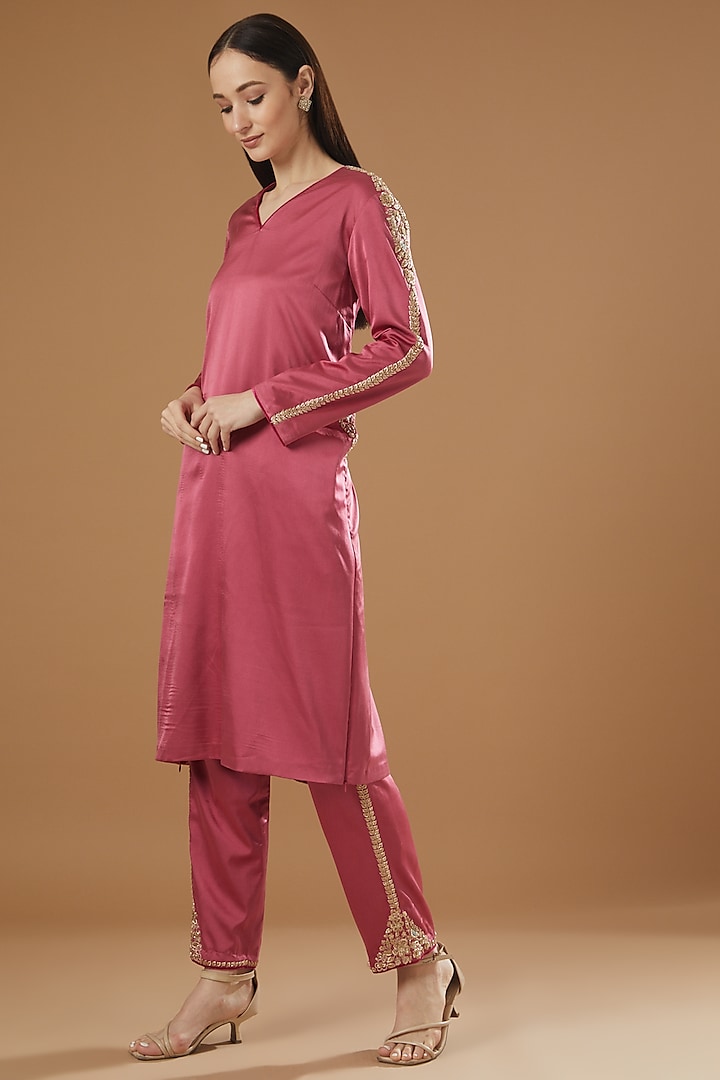 Old Rose Pink Silk Zardosi Embroidered Kurta Set by Kshitij Jalori