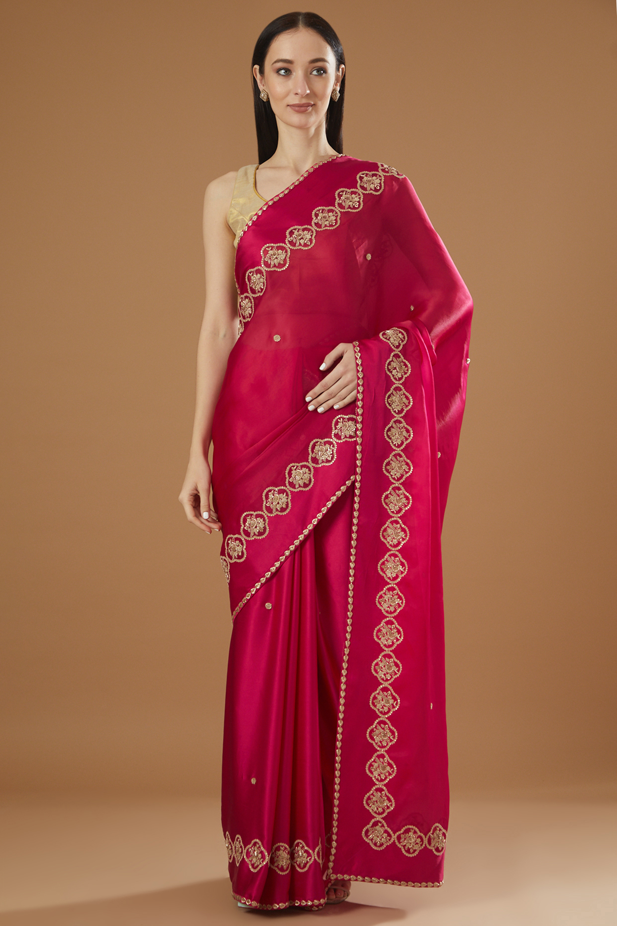 Red Silk Satin Crepe & Silk Satin Organza Embroidered Reception Saree by Kshitij Jalori at Pernia's Pop Up Shop