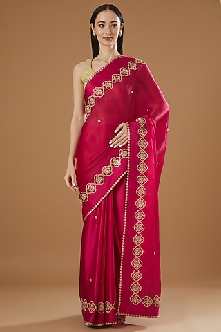 Red Silk Satin Crepe & Silk Satin Organza Embroidered Saree by Kshitij Jalori