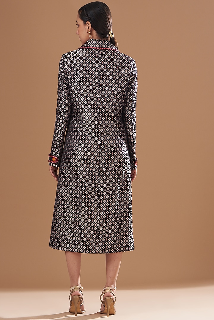 Black Silk Brocade Trench Jacket by Kshitij Jalori at Pernia's Pop Up Shop