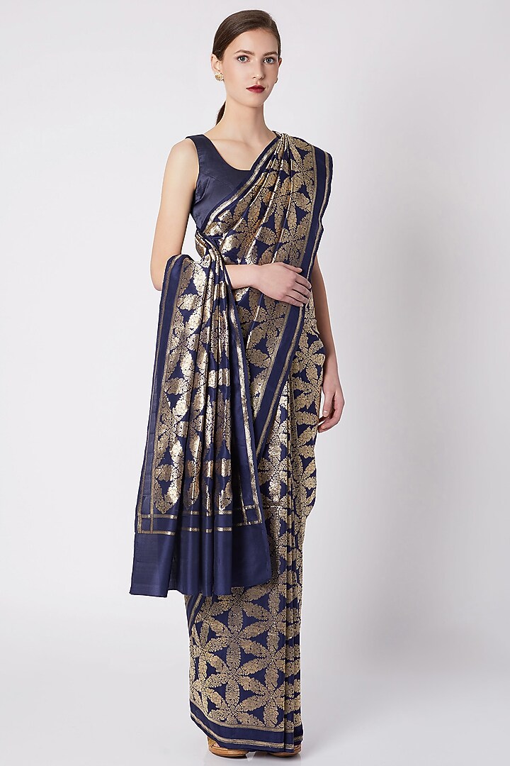 Indigo Blue Embroidered Wedding Saree by Kshitij Jalori at Pernia's Pop Up Shop