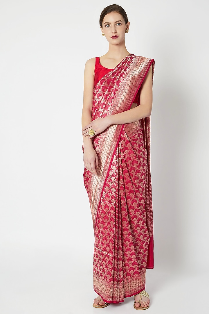 Fuchsia Red Silk Zari Embroidered Wedding Saree by Kshitij Jalori at Pernia's Pop Up Shop