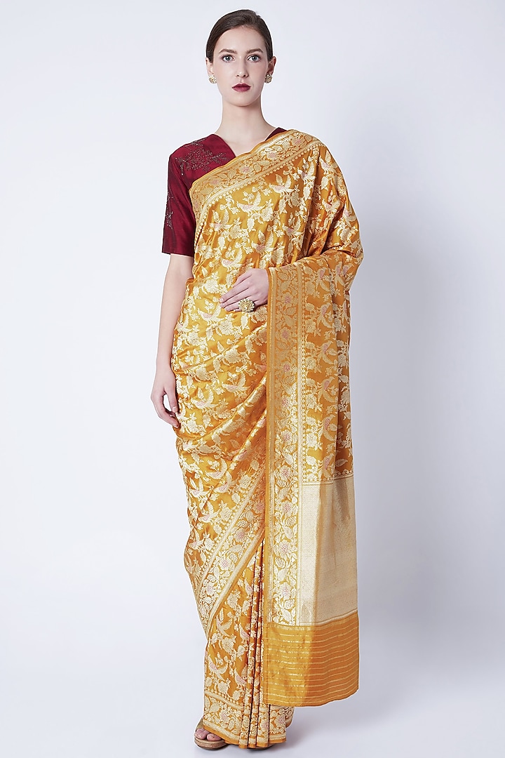 Mustard Yellow Embroidered Saree by Kshitij Jalori