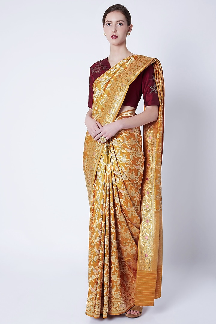 Mustard Yellow Embroidered Reception Saree by Kshitij Jalori at Pernia's Pop Up Shop