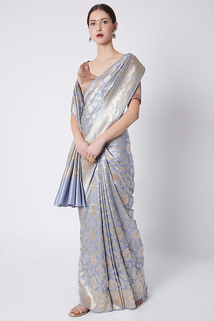 Pale Blue Embroidered Saree by Kshitij Jalori