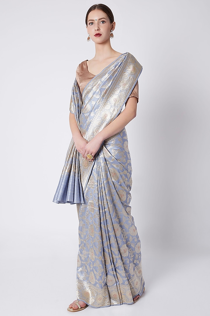 Pale Blue Silk Zari Kadhwa Embroidered Saree by Kshitij Jalori