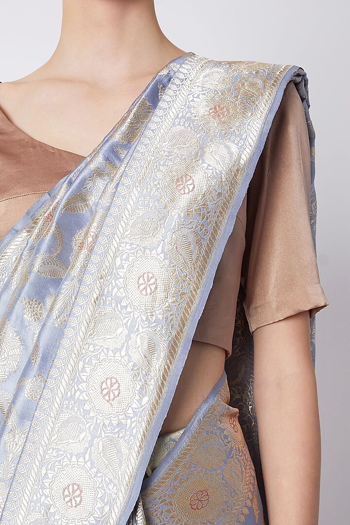 Pale Blue Silk Zari Kadhwa Embroidered Reception Saree by Kshitij Jalori at Pernia's Pop Up Shop