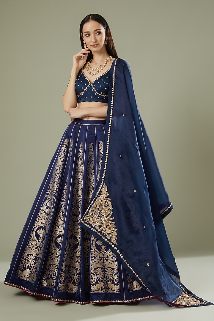 Midnight Blue Printed & Embroidered Bridal Lehenga Set by Kshitij Jalori at Pernia's Pop Up Shop