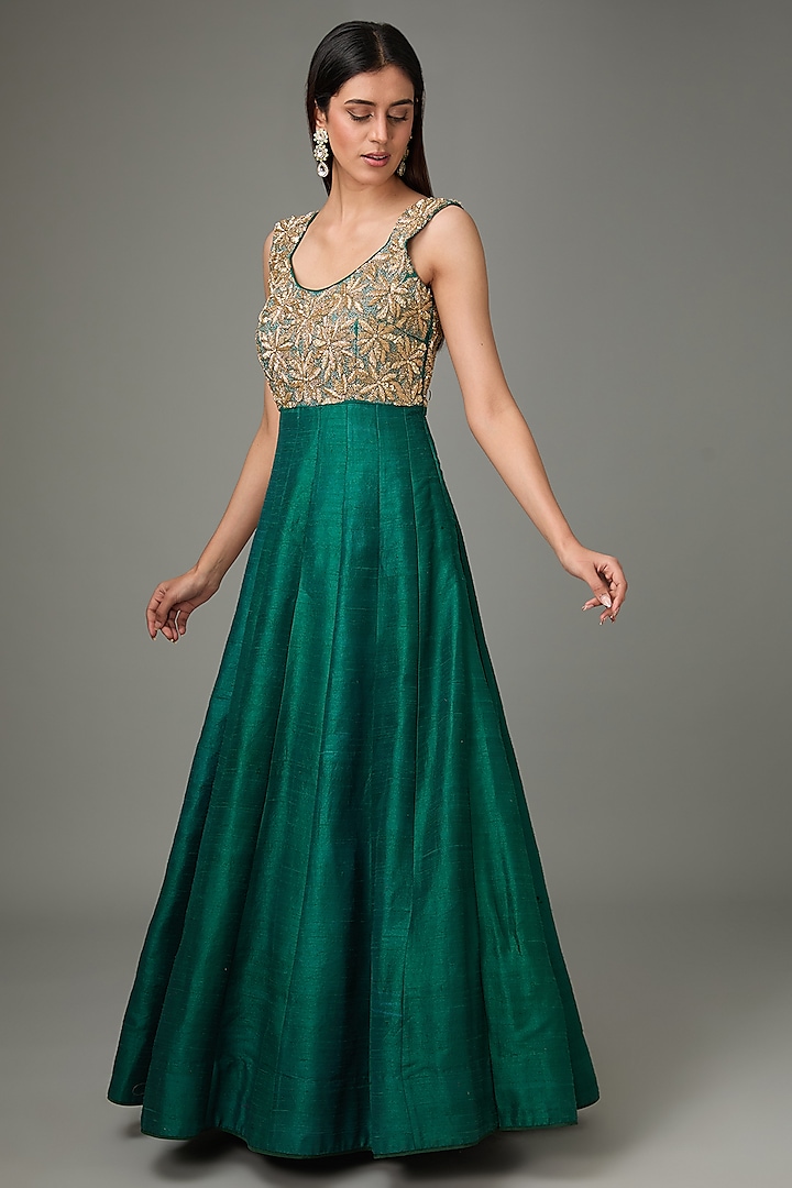 Emerald Green Pure Raw Silk Zardosi & Cutdana Embroidered Gown by RANA'S by Kshitija at Pernia's Pop Up Shop