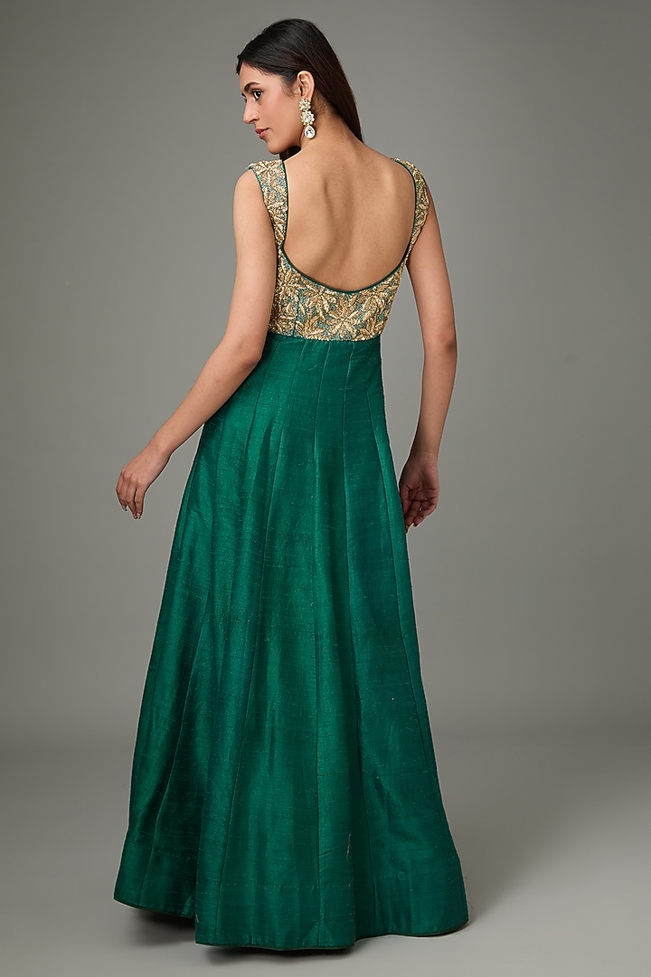 Emerald Green Pure Raw Silk Zardosi & Cutdana Embroidered Engagement Gown by RANA'S by Kshitija at Pernia's Pop Up Shop