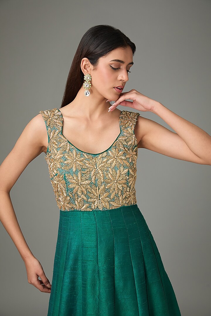 Emerald Green Pure Raw Silk Zardosi & Cutdana Embroidered Engagement Gown by RANA'S by Kshitija at Pernia's Pop Up Shop