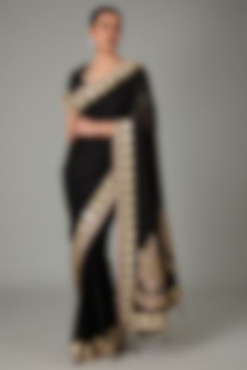 Black Pure Raw Silk & Pure Georgette Sequins Embroidered Saree Set by RANA'S by Kshitija