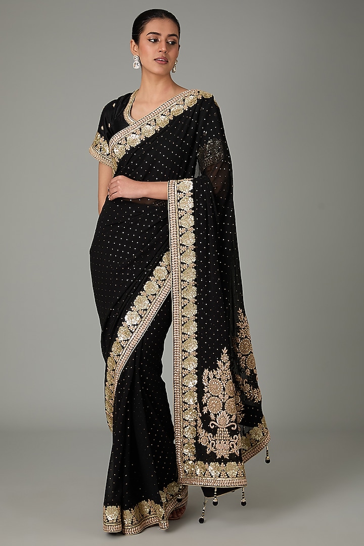 Black Pure Raw Silk & Pure Georgette Sequins Embroidered Saree Set by RANA'S by Kshitija