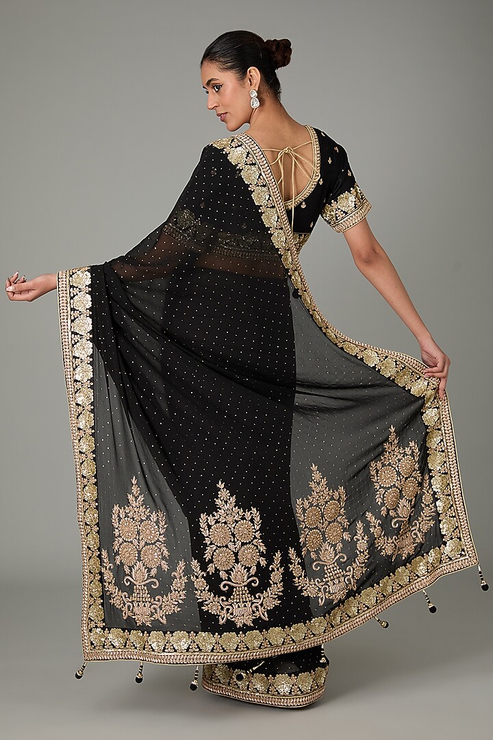 Black Pure Raw Silk & Pure Georgette Sequins Embroidered Wedding Saree Set by RANA'S by Kshitija at Pernia's Pop Up Shop