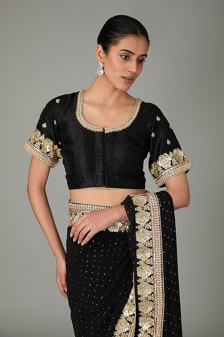 Black Pure Raw Silk & Pure Georgette Sequins Embroidered Wedding Saree Set by RANA'S by Kshitija at Pernia's Pop Up Shop