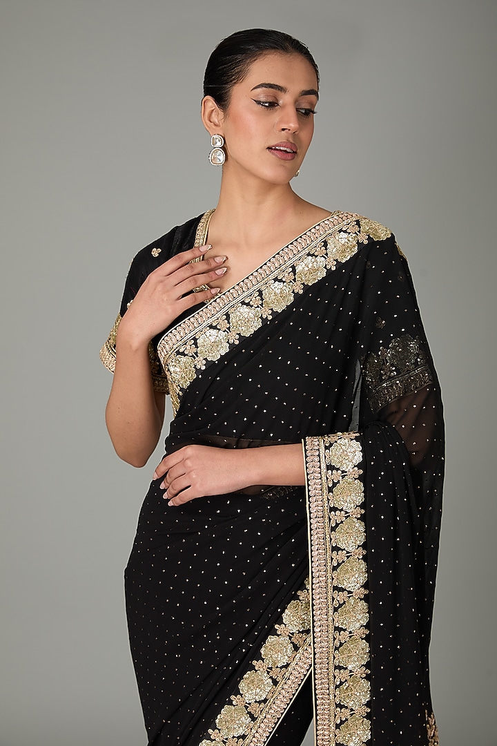 Black Pure Raw Silk & Pure Georgette Sequins Embroidered Wedding Saree Set by RANA'S by Kshitija at Pernia's Pop Up Shop