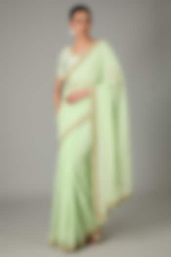 Green Pure Raw Silk & Pure Georgette Zardosi Embroidered Pre-Pleated Saree Set by RANA'S by Kshitija at Pernia's Pop Up Shop