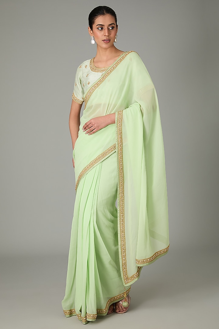 Green Pure Raw Silk & Pure Georgette Zardosi Embroidered Pre-Pleated Saree Set by RANA'S by Kshitija at Pernia's Pop Up Shop