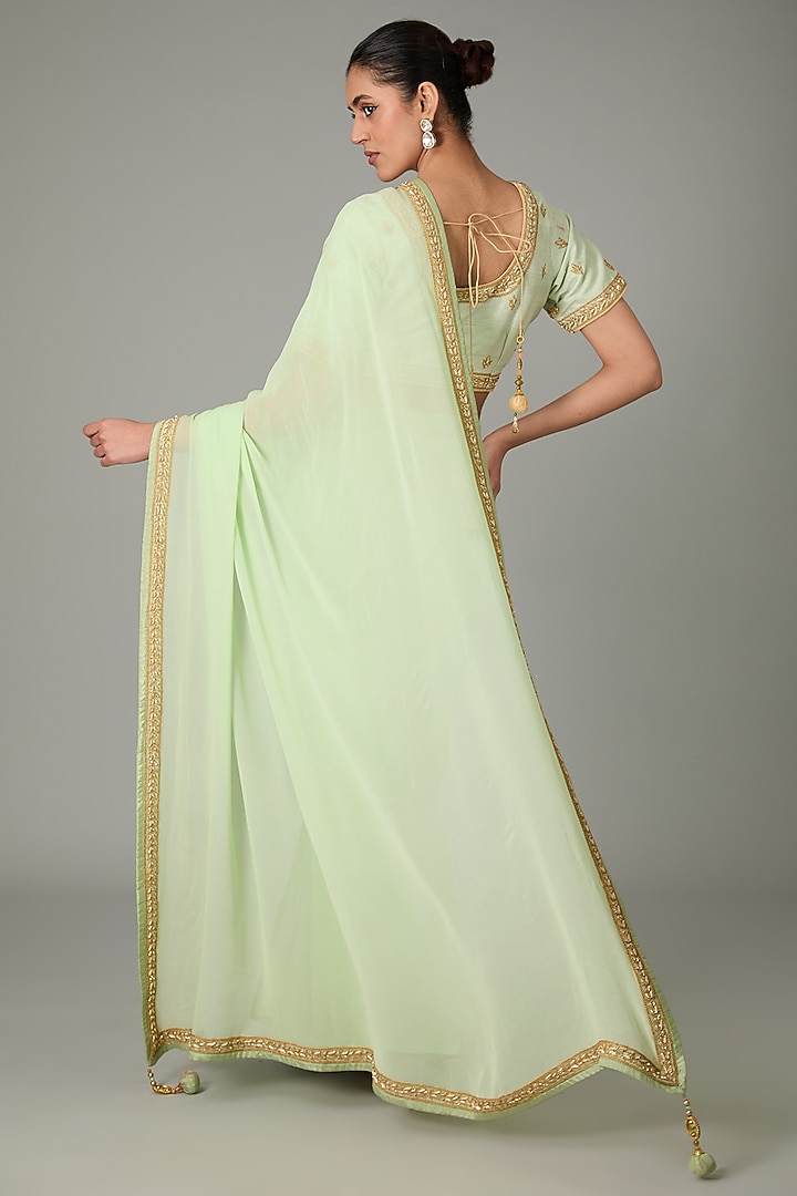 Green Pure Raw Silk & Pure Georgette Zardosi Embroidered Pre-Pleated Wedding Saree Set by RANA'S by Kshitija at Pernia's Pop Up Shop
