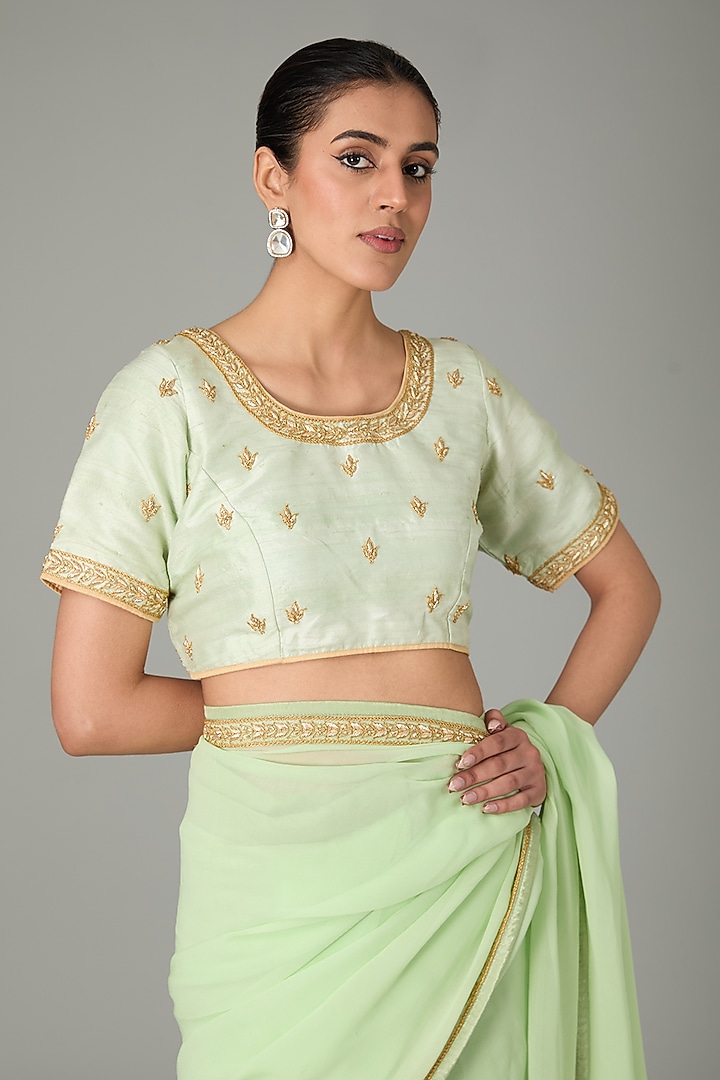 Green Pure Raw Silk & Pure Georgette Zardosi Embroidered Pre-Pleated Wedding Saree Set by RANA'S by Kshitija at Pernia's Pop Up Shop