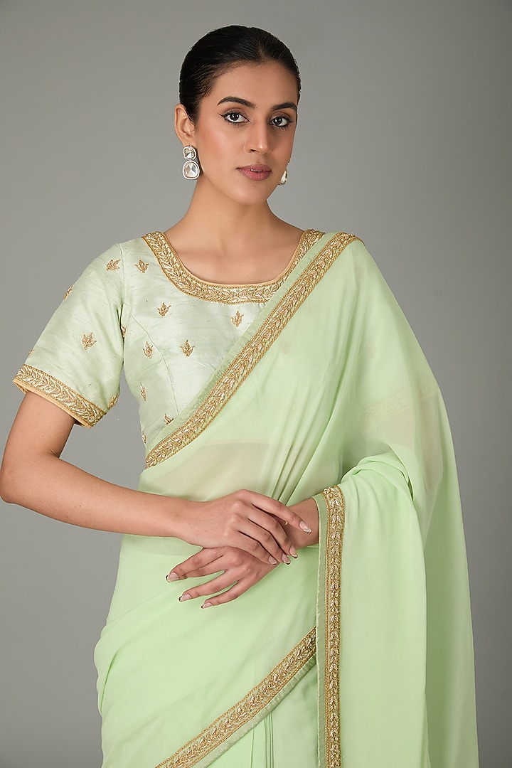 Green Pure Raw Silk & Pure Georgette Zardosi Embroidered Pre-Pleated Wedding Saree Set by RANA'S by Kshitija at Pernia's Pop Up Shop