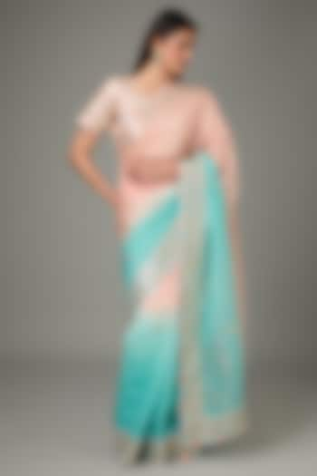 Pink & Blue Ombre Pure Organza Gota Patti Saree Set by RANA'S by Kshitija at Pernia's Pop Up Shop