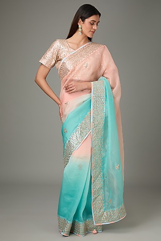 Pink & Blue Ombre Pure Organza Gota Patti Saree Set by RANA'S by Kshitija