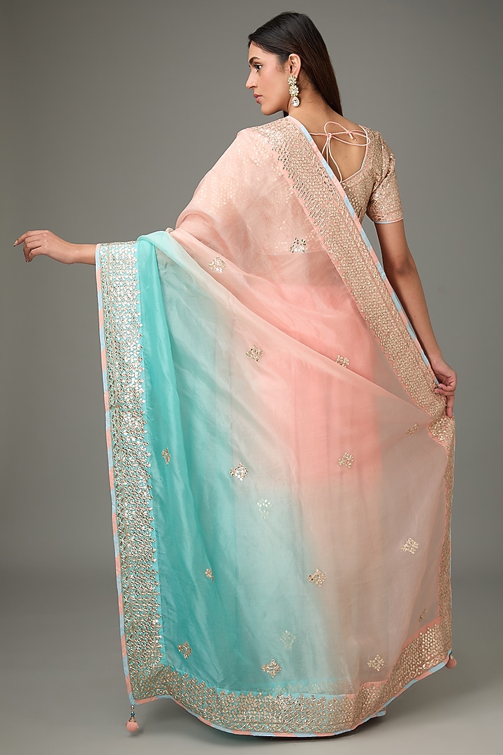 Pink & Blue Ombre Pure Organza Gota Patti Wedding Saree Set by RANA'S by Kshitija at Pernia's Pop Up Shop