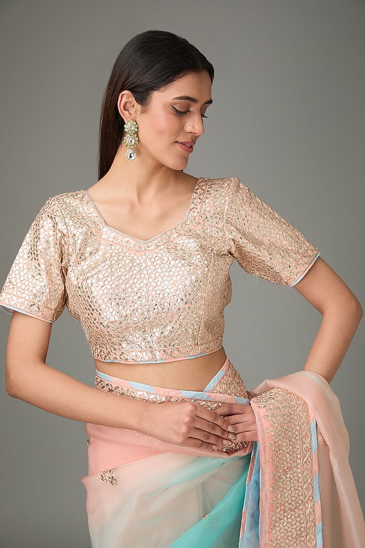 Pink & Blue Ombre Pure Organza Gota Patti Wedding Saree Set by RANA'S by Kshitija at Pernia's Pop Up Shop