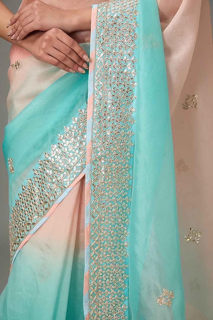 Pink & Blue Ombre Pure Organza Gota Patti Wedding Saree Set by RANA'S by Kshitija at Pernia's Pop Up Shop