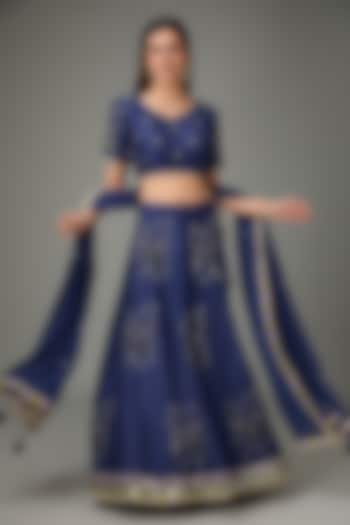 Navy Blue Pure Raw Silk Cutdana & Mirror Handwork Wedding Lehenga Set by RANA'S by Kshitija at Pernia's Pop Up Shop