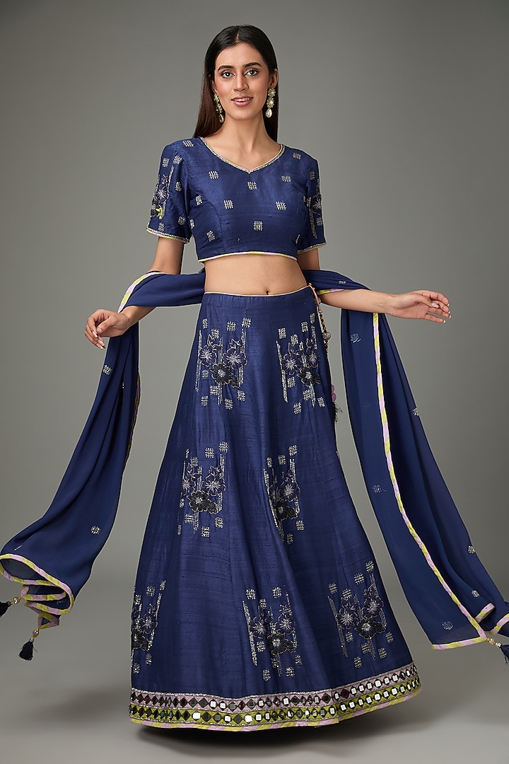 Navy Blue Pure Raw Silk Cutdana & Mirror Handwork Wedding Lehenga Set by RANA'S by Kshitija at Pernia's Pop Up Shop