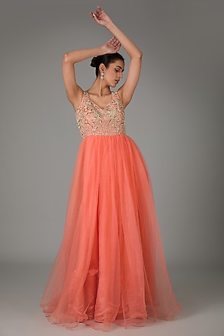 Peach Pure Raw Silk & Net Resham Embroidered Gown by RANA'S by Kshitija
