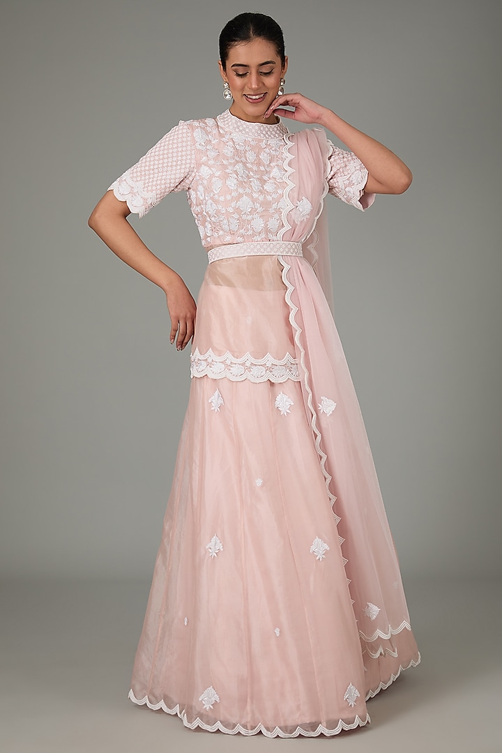 Pink Pure Silk & Pure Organza Thread Embellished Wedding Lehenga Set by RANA'S by Kshitija at Pernia's Pop Up Shop