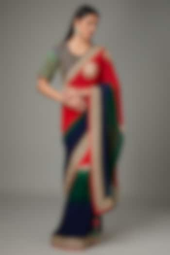 Red & Blue Ombre Pure Georgette Zardosi Embroidered Dyed Saree Set by RANA'S by Kshitija at Pernia's Pop Up Shop